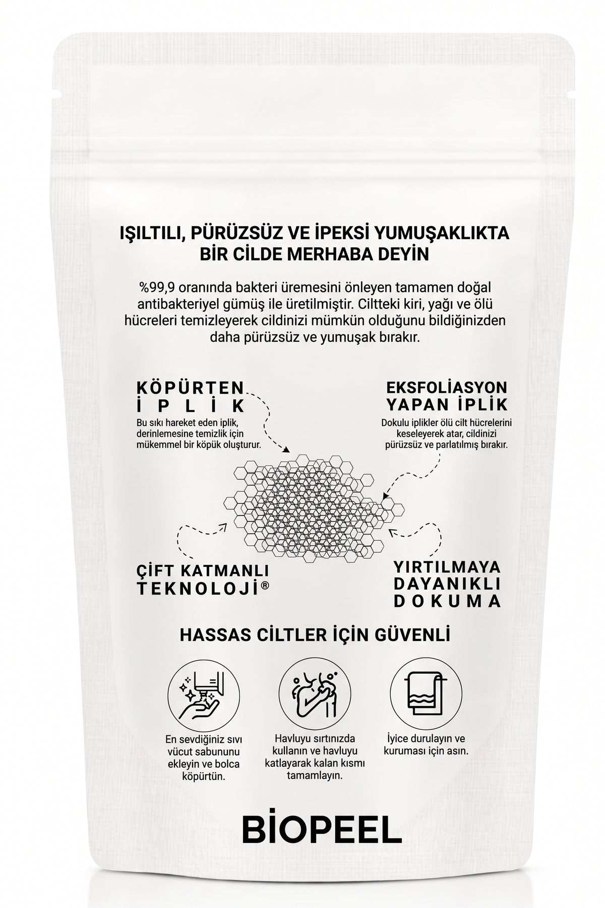BİOPEEL PEELING ETKİLİ ANTİBAKTERİYEL DUŞ HAVLUSU