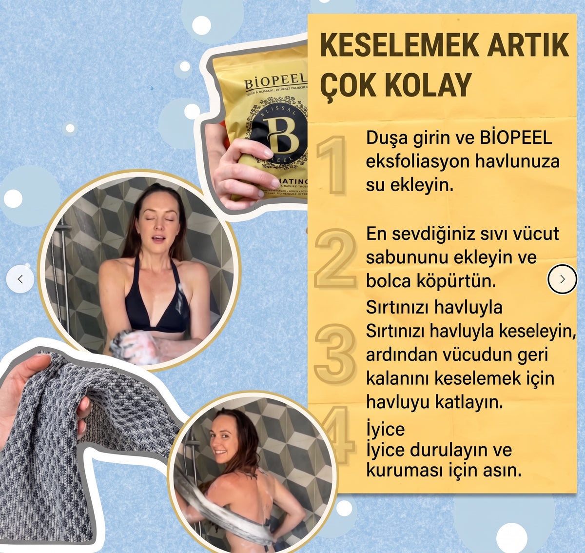 BİOPEEL PEELING ETKİLİ ANTİBAKTERİYEL DUŞ HAVLUSU